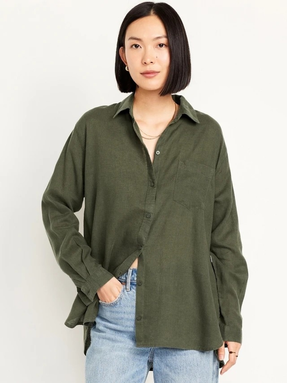 Old Navy The Boyfriend Shirt Olive Green Flannel Button Down - Large